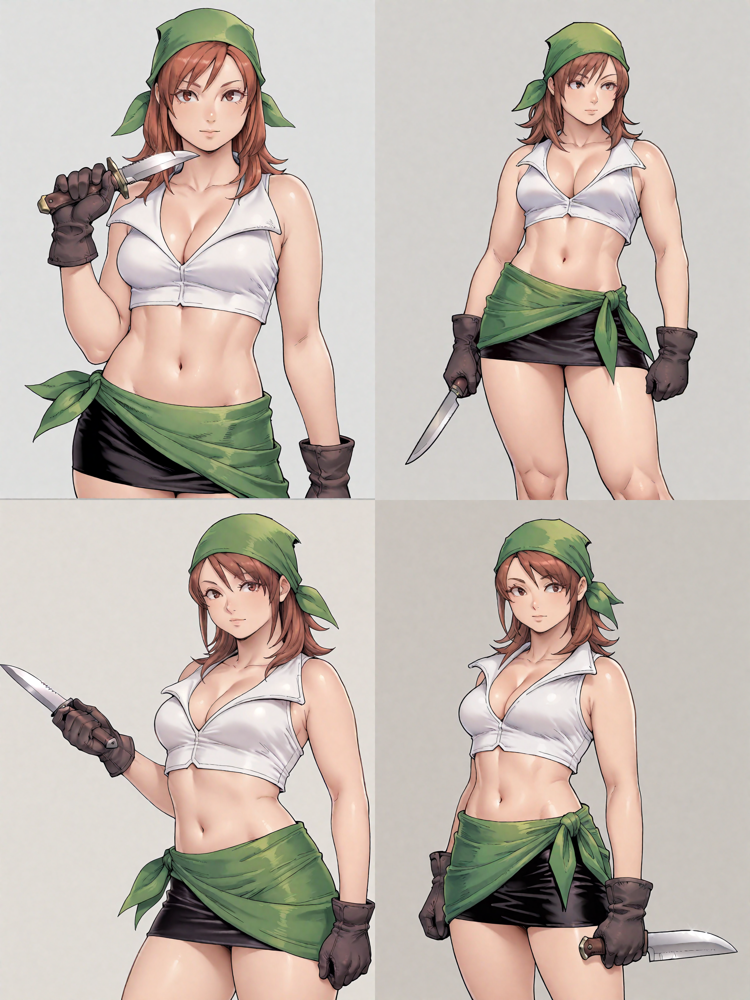 Stable_Yogis_Illustrious_Positives,ff3thief,green sarong,miniskirt,white crop top,pencil skirt ,black skirt,midriff,green ribbon,bandana,gloves,1girl,solo,knife, holding knife,Aian,minakami,<lora:Aian Minakami Style:1.0>,<lora:Final Fantasy Thief:0.7>