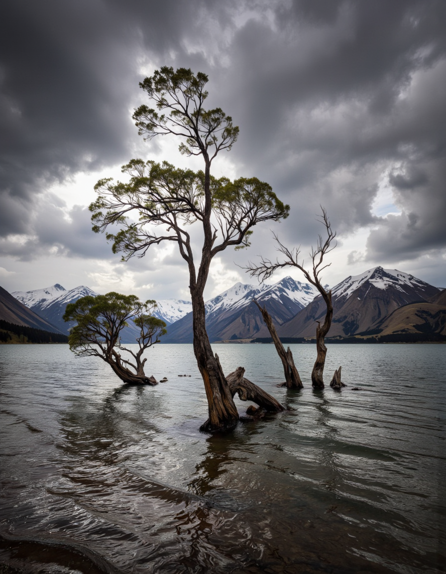 By Maria Isabel Ruiz. A photo-realistic landscape photograph from a distance of three lone trees in the middle of a calm lake with snow-capped mountains in the background, set against a stormy sky with dark, ominous clouds. the trees are surrounded by the calm, reflective surface of the lake, with the snow-covered peaks of the mountains visible in the distance. in the foreground, a lone tree stands in the center of the image, with its branches reaching up towards the sky, its leaves a vibrant green, contrasting with the muted tones of the surrounding landscape. the lake is still and calm, with ripples visible on the surface, and the trees seem to be in a state of disrepair, with no visible signs of life or damage. the overall mood is one of serenity and tranquility, with a sense of isolation and isolation amidst the desolate landscape.