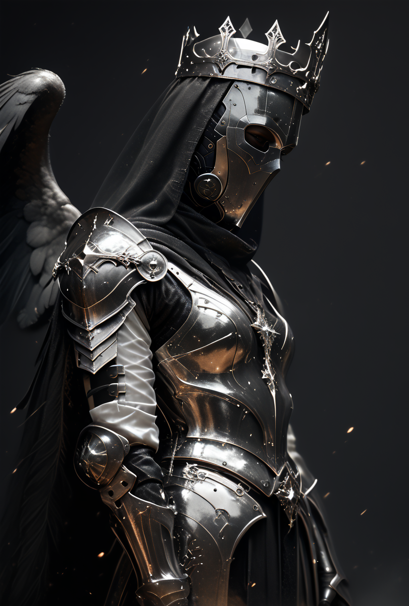 (score_9, score_8_up), score_7_up, 1girl, Highly detailed RAW color Photo, dress, crown, helmet, side view, holding, weapon, greyscale, indoors, cape, armor, helmet, shoulder armor, gauntlets, pauldrons, mask, dark, hood, full armor, helm, wings, feathered wings, simple background, grey background, gorgeous details, depth perception, backlighting, photorealistic, robot, helm, breathtaking scenery, shiny metallic texture, perfectly rendered reflections,
dark lighting, dof, depth of field, realistic, dark background, CINE, embers,
<lora:unholy-000009:0.8> <lora:CINE-000008:0.4><lora:- SDXL - vanta-black_contrast_V3.0:0.7>
<lora:sinfully_stylish_SDKL:0.5>  <lora:GwentStyle_v2:0.4>  <lora:xl_more_art-full_v1:0.4>