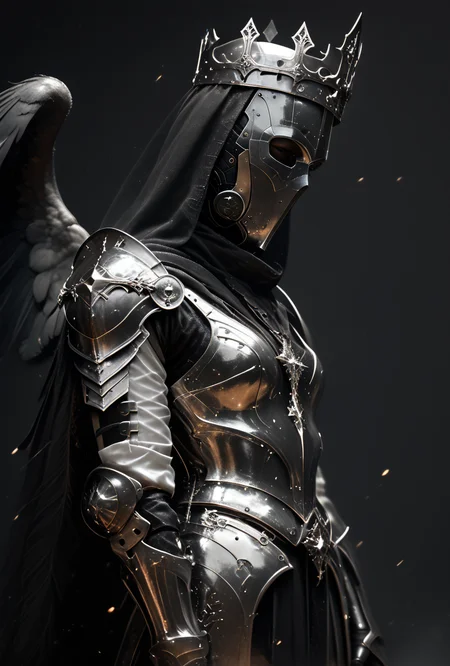 (score_9, score_8_up), score_7_up, 1girl, Highly detailed RAW color Photo, dress, crown, helmet, side view, holding, weapon, greyscale, indoors, cape, armor, helmet, shoulder armor, gauntlets, pauldrons, mask, dark, hood, full armor, helm, wings, feathered wings, simple background, grey background, gorgeous details, depth perception, backlighting, photorealistic, robot, helm, breathtaking scenery, shiny metallic texture, perfectly rendered reflections,
dark lighting, dof, depth of field, realistic, dark background, CINE, embers,
<lora:unholy-000009:0.8> <lora:CINE-000008:0.4><lora:- SDXL - vanta-black_contrast_V3.0:0.7>
<lora:sinfully_stylish_SDKL:0.5> <lora:GwentStyle_v2:0.4> <lora:xl_more_art-full_v1:0.4>
