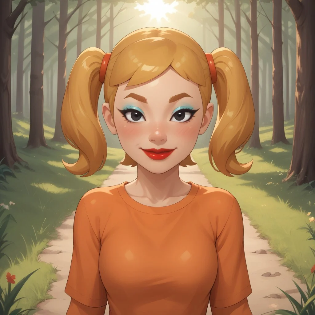 score_9, score_8, BREAK, solo, mii, wii, wii sports, 1girl, female mii, cute, attractive, blonde hair, twintails, dark blonde eyebrows, makeup, blush, blue eyeshadow, red lips, lipstick, orange clothing, white pants, breasts, Nintendo Mii, modern_mii, classic_mii, Midoriya_(OC_Mii), black eyes sexy pose, smile, outdoors, sunlight, shadows, evening lighting, natural lighting, forest, trees, grass, orange sky, sunset