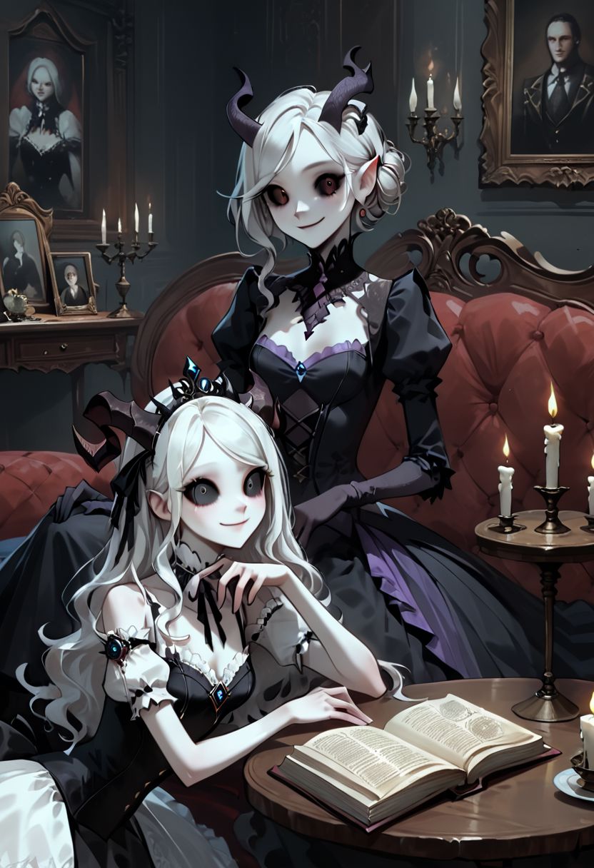 picture of skinny slim girl colored sclera black eyes cute smile pale white skin demon small horns ( black gradient arms:1) white hair elegant Victorian dress cleavage holding book "DARK MAGIC"   sitting on comfortable couch. Table with candle nearby.   <lora:WB2.2:0.8>