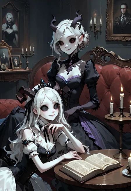 picture of skinny slim girl colored sclera black eyes cute smile pale white skin demon small horns ( black gradient arms:1) white hair elegant Victorian dress cleavage holding book "DARK MAGIC" sitting on comfortable couch. Table with candle nearby. <lora:WB2.2:0.8>