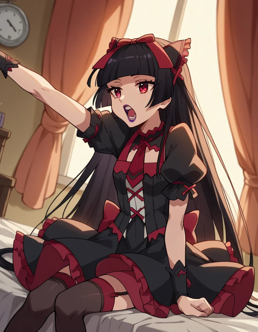score_9, score_8_up, score_7_up, source_anime, <lora:rory-mercury-s1s2-ponyxl-lora-nochekaiser:1>, rory mercury, long hair, black hair, red eyes, bangs, blunt bangs, hime cut,, thighhighs, bow, ribbon, hair ribbon, garter straps, dress, black dress, puffy sleeves, frills, detached sleeves, necktie, red necktie, lipstick, purple lipstick,, bedroom, alarm clock, morning routine, yawning, stretching, on bed,, , , sitting, elbow rest, table,, solo,, cowboy shot, dutch angle
