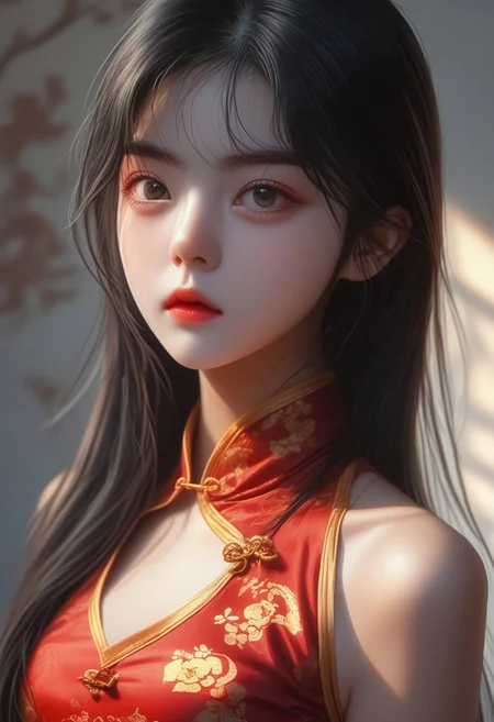 score_9, score_8_up, score_7_up, ((( )))
,
((( 1girl, solo )))
,
(( Upper body view, frontal shot))
,
((( Petite )))
,
((( )))
,
((Meilinmb, black hair, long hair))
,
(( Empty white room ))
,
((( Red cheongsam with golden pattern)))
,
(((( )))