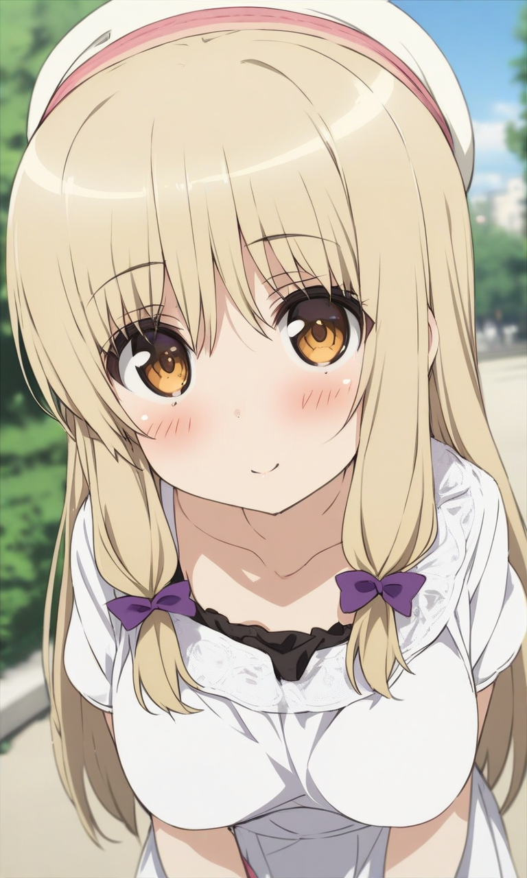 masterpiece, best quality, by ogipote, BREAK
solo, kujoufumi, big breasts, 
dress, white dress, casual, hat, 
looking at viewer, blush, happy, 
outdoors, 
<lora:KujouFumi_XL:1>