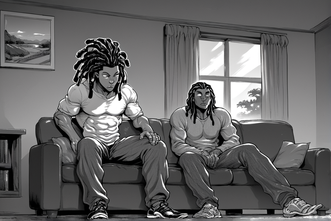 score_9, score_8_up, score_8,   <lora:Itagaki_v2:0.8> b4kisty13, greyscale, monochrome, 1boy, sitting on couch, living room, window, shirt, pants, shoes, dark skin, dreadlocks,