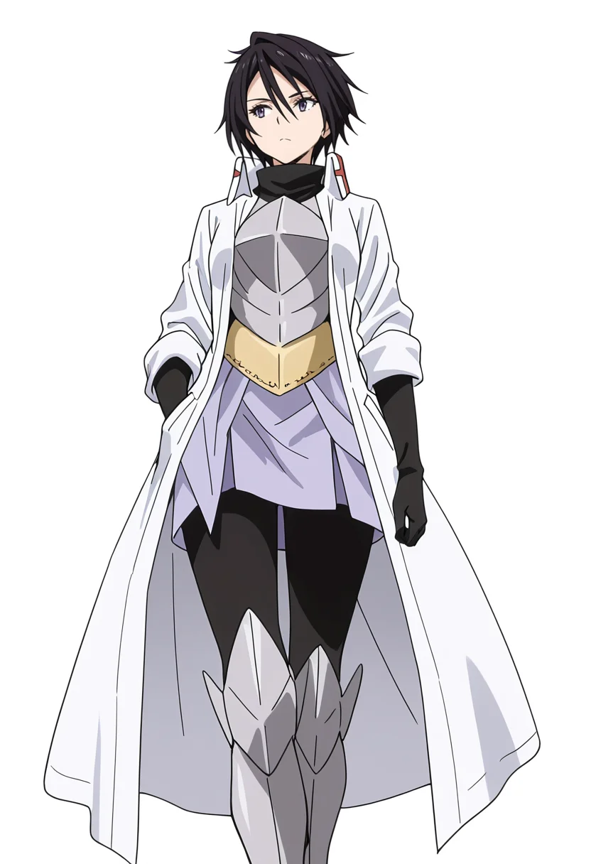Smooth Quality,masterpiece,very intricate, high quality details, ultra realistic, high detailed skin,detailed enviorement,absurdres,
simple background, white background,
walking, one hand in pocket, looking aside, casual, confident, ,from below,sulking,solo,
<lora:Hinata_Sakaguchi_cnn:0.8> hintatacnn, 1girl,black hair, short hair,purple eyes,hair between eyes, saintcnn,black gloves, armor, coat,breastplate, armored boots,