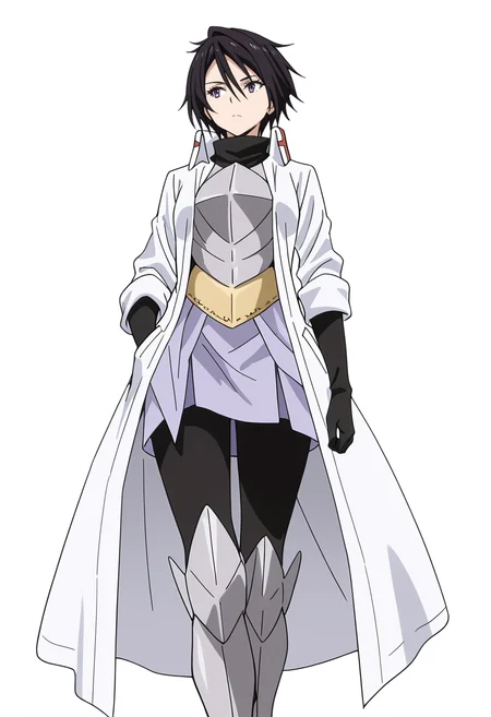 Smooth Quality,masterpiece,very intricate, high quality details, ultra realistic, high detailed skin,detailed enviorement,absurdres,
simple background, white background,
walking, one hand in pocket, looking aside, casual, confident, ,from below,sulking,solo,
<lora:Hinata_Sakaguchi_cnn:0.8> hintatacnn, 1girl,black hair, short hair,purple eyes,hair between eyes, saintcnn,black gloves, armor, coat,breastplate, armored boots,
