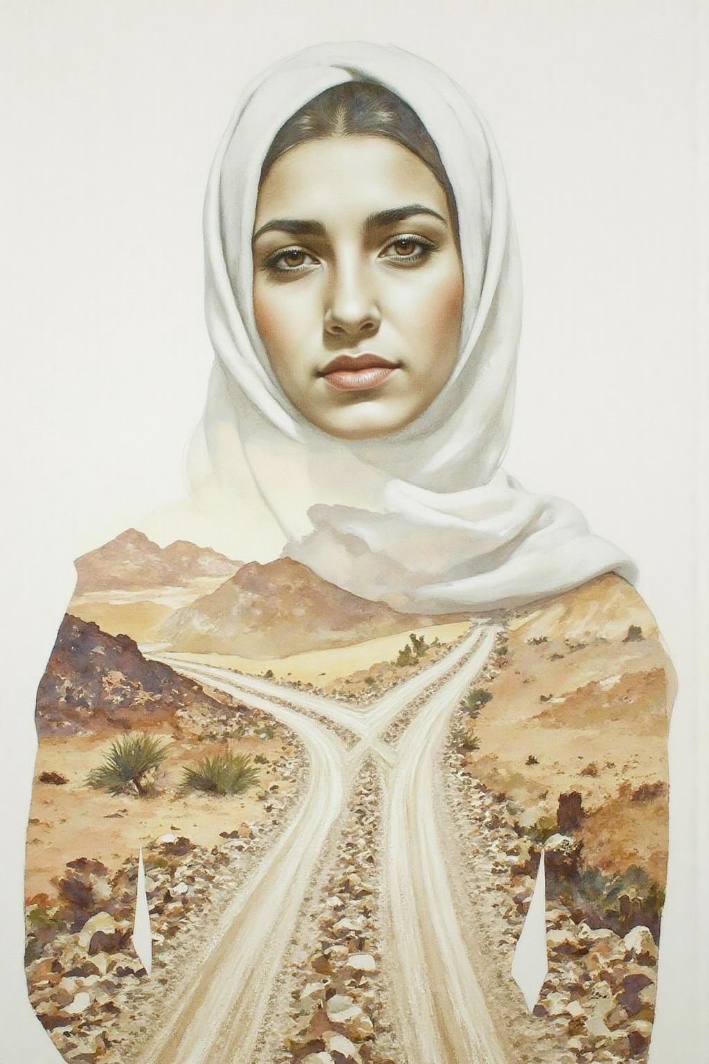 Portrait painting of an Arabic  woman wearing a hajib. Her face and body blended seamlessly with desert crossroads  <lora:doubleexpopainting1_cap_d6a3e13:1.0><lora:850338712746230292:0>