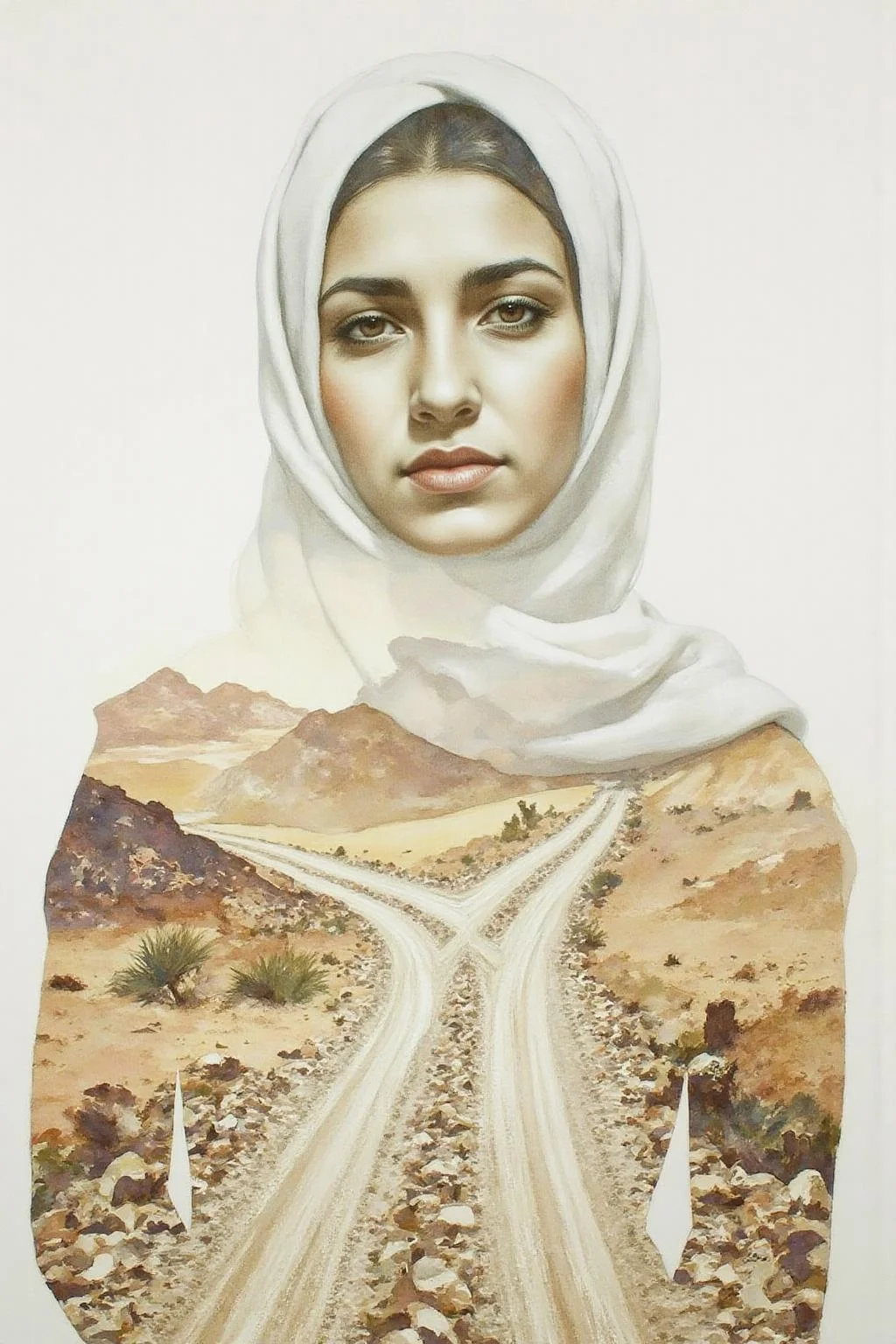 Portrait painting of an Arabic woman wearing a hajib. Her face and body blended seamlessly with desert crossroads <lora:doubleexpopainting1_cap_d6a3e13:1.0><lora:850338712746230292:0>