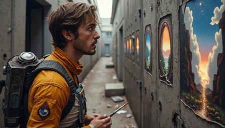 {"T5": ",A highly detailed, hyperrealistic photograph of a Rebel starfighter pilot from Star Wars, dressed in a modest, worn flight suit, stands in the center of a dimly lit, abandoned alleyway, with a shocked expression on their face, as they paint doors onto blank walls with bold, expressive brushstrokes, each stroke creating a portal that opens to a fantastical landscape, with swirling clouds, towering mountains, and lush forests, the pilot's eyes wide with wonder, their hair messy and windswept, their skin textured with subtle scars and stubble, the brush in their hand seems to be leaving a trail of glittering, ethereal particles, as if the portals are being infused with a magical energy, the camera angle is low and to the side, looking up at the pilot, with the doors and portals stretching out into the distance, following the rule of thirds, with the pilot's face and brush at the intersection of the lines, the lighting is soft and warm, with a golden glow emanating from the portals, illuminating the pilot's face and the surrounding environment,", "CLIP-L": ",Rebel starfighter pilot, shocked expression, painting doors, portals, fantastical landscapes, hyperrealistic, detailed, modest flight suit, abandoned alleyway, dim lighting, bold brushstrokes, magical energy, glittering particles, low camera angle, rule of thirds, golden glow, warm lighting,"}
<lora:Rebel_Starfighter_Pilot_-_Star_Wars_Flux:0.85>