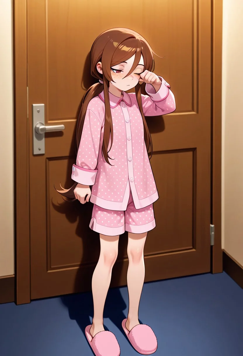 masterpiece, best quality, absurdres, anime screenshot, 1girl, solo, female focus, Carol_CTO, freckles, brown hair, asymmetrical bangs, long bangs, bangs between eyes, sidelocks, very long hair, ponytail, low ponytail, ponytail holder, CTO_def, pajamas, pink pajamas, polkadot print, collared shirt, button-up shirt, white buttons, sleeve cuffs, pajama shorts, pink shorts, slippers, standing, rubbing eyes,