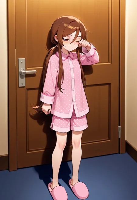 masterpiece, best quality, absurdres, anime screenshot, 1girl, solo, female focus, Carol_CTO, freckles, brown hair, asymmetrical bangs, long bangs, bangs between eyes, sidelocks, very long hair, ponytail, low ponytail, ponytail holder, CTO_def, pajamas, pink pajamas, polkadot print, collared shirt, button-up shirt, white buttons, sleeve cuffs, pajama shorts, pink shorts, slippers, standing, rubbing eyes,