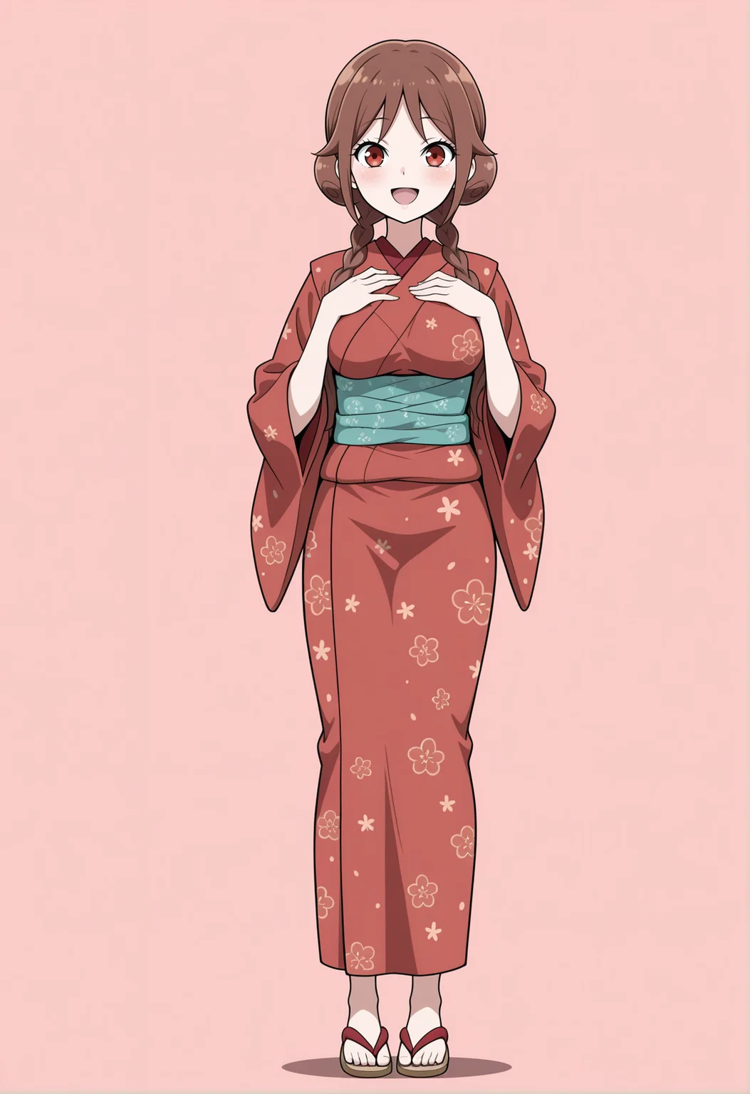 masterpiece,best quality,amazing quality, (aged up:1.2), anime coloring, flat colors,
<lora:NoobV065sHyperDmd:.5>,
<lora:tachibana_yuzuki_meipaws:.9> 1girl, japanese clothes, red kimono, brown hair, pink background, full body, aqua sash, smile, hand on own chest, hair bun, open mouth, simple background, floral print, red eyes, standing, double bun, zouri, :d, looking at viewer, wide sleeves, print kimono, low twin braids, blush, long sleeves, alternate costume, hand up