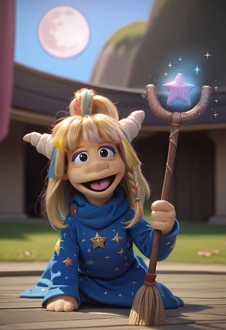 1girl, score_9, score_8_up, score_7_up BREAK Eureekaa, 1girl, blonde hair, multicolor hair streaks, ponytail, horns, black eyes, purple eyeshadow, long blue starry robe, blue star boots, smiling at viewer, full body, riding broom, magical sky outdoors, magic night background, magical broom, glittery moon staff, magic glitter powers,