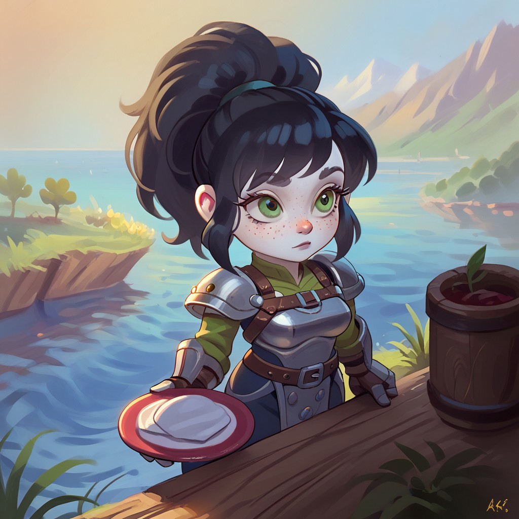 score_9, score_8_up, score_7_up, extremely detailed, gnome, short stature, shortstack, big eyes, big ears, 1 girl, short, pale skin, cute face, green eyes, freckles, short black hair, bangs, ponytail, athletic, large breasts, plate armor, intricate design, leather harness, gauntlets, pelvic drape, standing near a river looking into the distance, BKSTL