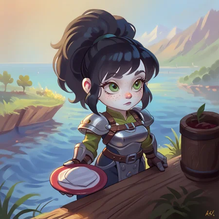 score_9, score_8_up, score_7_up, extremely detailed, gnome, short stature, shortstack, big eyes, big ears, 1 girl, short, pale skin, cute face, green eyes, freckles, short black hair, bangs, ponytail, athletic, large breasts, plate armor, intricate design, leather harness, gauntlets, pelvic drape, standing near a river looking into the distance, BKSTL