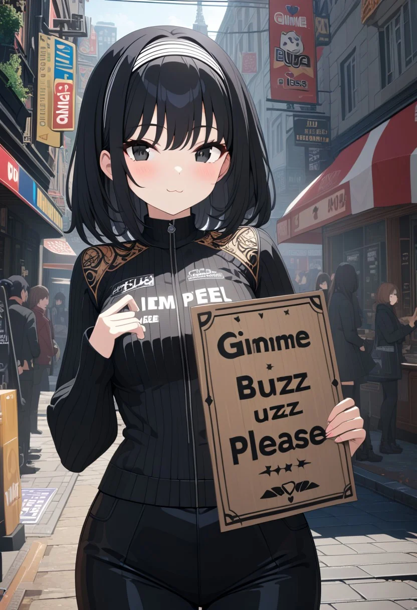 woman holding a sign that says ("Gimme Buzz Please :3") text logo over her chest, female focus, 1girl, black hair, hairband, black eyes <lora:texta:0.9>, on the street, (anime, masterpiece, intricate:1), (best quality, hires textures, high detail:1), (4k),(incredibly detailed:1),UHD, 8K, ultra detailed