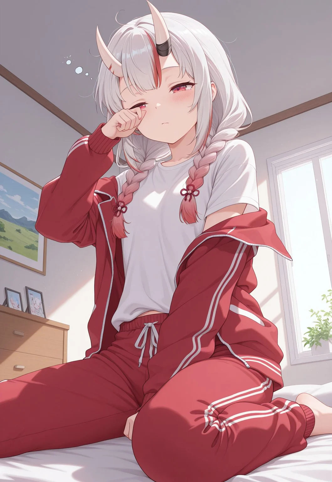 masterpiece, best quality, amazing quality, masterpiece, High quality, Ultra detailed, 2d, newest, absurdres, highres, from below, indoors, bedroom, sitting, on bed, wariza, sleepy, wiping eyes, 1girl, solo, nakiri ayame, oni, oni horns, white hair, red hair, streaked hair, gradient hair, red eyes, ayameoffwork, long hair, low twin braids, track jacket, red jacket, off shoulder, track pants, red pants, white shirt