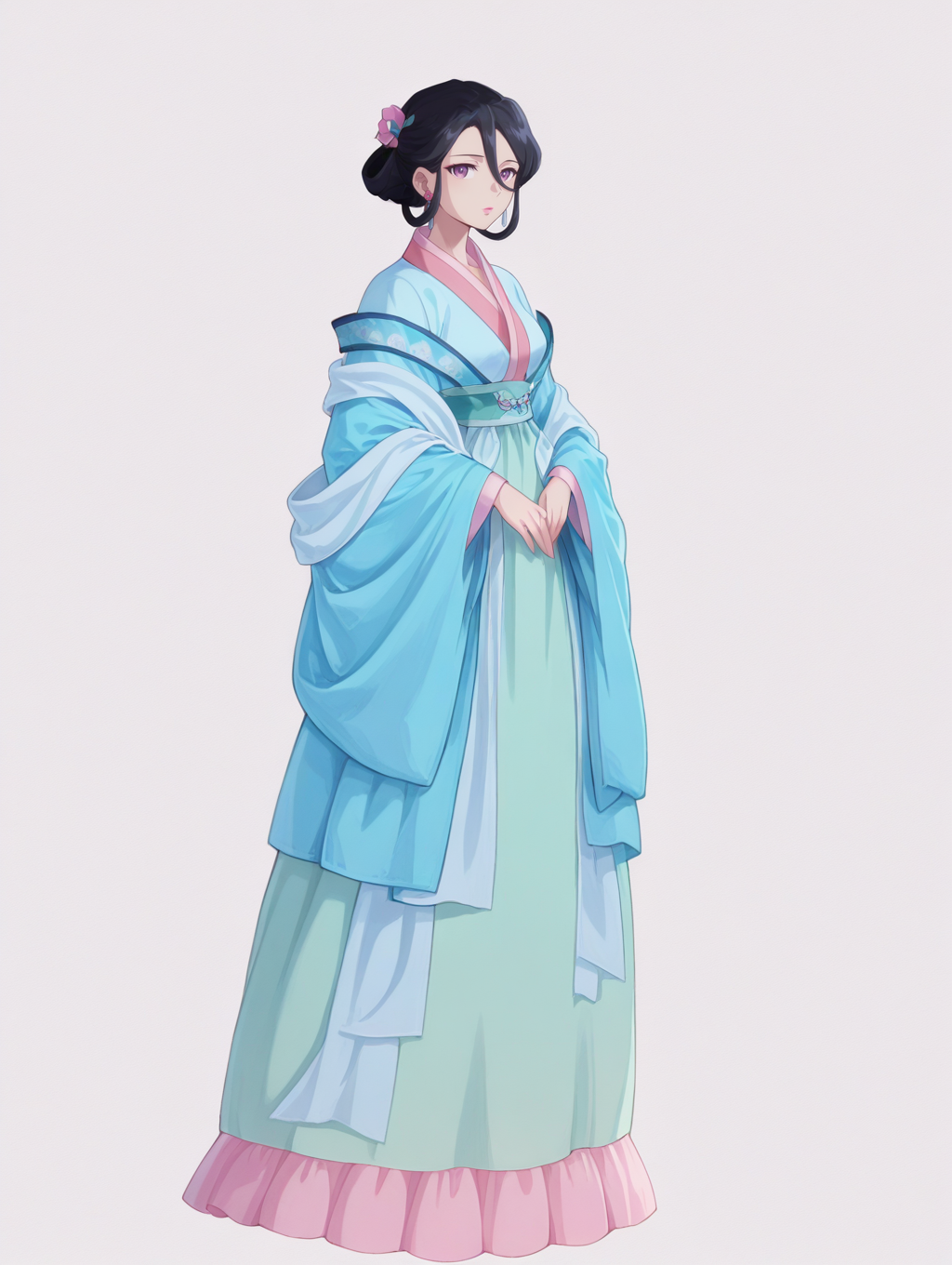1girl,full body, 
ywfr,1girl,black hair,hair bun,hair ornament,hair rings,hair flower,purple eyes,pink lips,earrings,blue hanfu,pink trim,green skirt,blue shawl,hair between eyes,
looking at viewer,,<lora:ywfurong_noob:1>