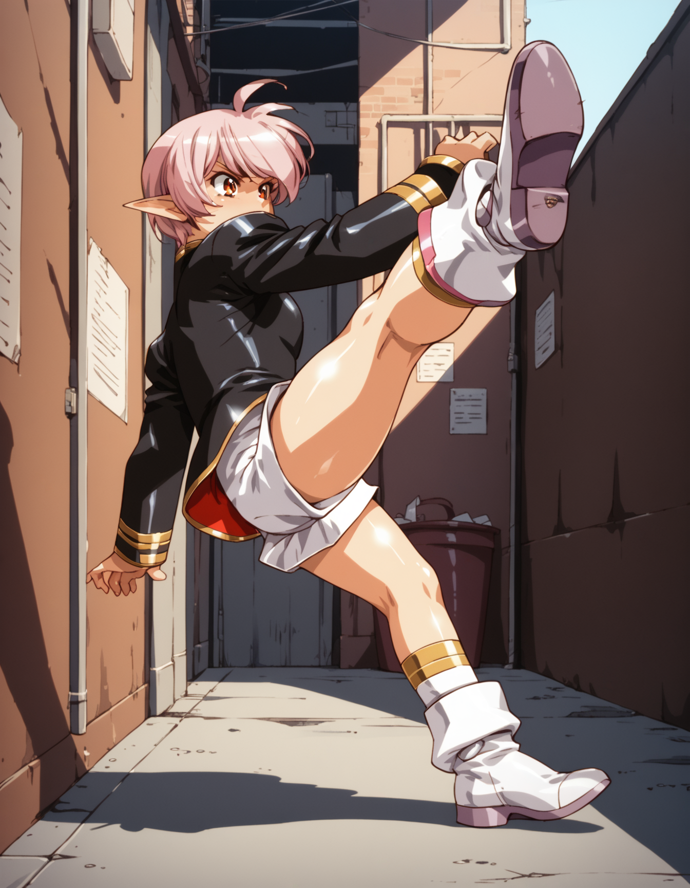 score_9,  score_8_up, score_7_up <lora:tippi-ponyxl-000025:1> tippi, juliet sleeves, black shirt, shorts, boot,
1girl, kicking, alley
