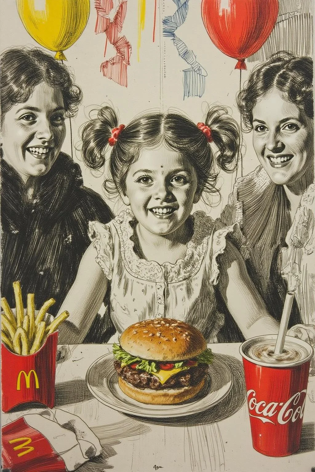 anzo1 black and white etching.
A four-year-old girl with twin pigtails is celebrating her birthday at McDonald's, a place that feels like a magical playground for children. The joy on her face is unmistakable as she sits at a table set with a colorful array of items: crispy McDonald's fries in a bright yellow packet, a refreshing cup of Coca-Cola, and a juicy hamburger wrapped in its iconic packaging. Her pigtails bounce playfully as she moves, adding to the lively atmosphere. The table is also adorned with festive decorations, including balloons and streamers that match the vibrant McDonald's red and yellow color scheme. Family members gather around, their smiles reflecting the warmth and love of the occasion. The lighting inside the restaurant is soft yet bright, creating a welcoming environment that highlights the happiness of the moment. This scene captures the pure delight and excitement of a young child's birthday celebration, set against the backdrop of a beloved fast-food chain, where simple pleasures bring immense joy <lora:anzo1_nocap_d6a3:1.0><lora:815144566400357576:0>
