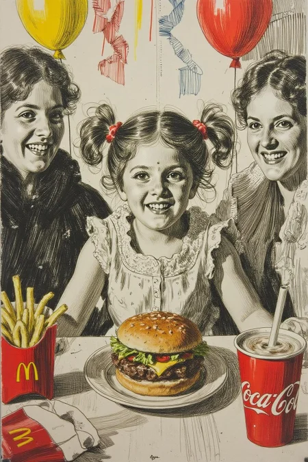 anzo1 black and white etching.
A four-year-old girl with twin pigtails is celebrating her birthday at McDonald's, a place that feels like a magical playground for children. The joy on her face is unmistakable as she sits at a table set with a colorful array of items: crispy McDonald's fries in a bright yellow packet, a refreshing cup of Coca-Cola, and a juicy hamburger wrapped in its iconic packaging. Her pigtails bounce playfully as she moves, adding to the lively atmosphere. The table is also adorned with festive decorations, including balloons and streamers that match the vibrant McDonald's red and yellow color scheme. Family members gather around, their smiles reflecting the warmth and love of the occasion. The lighting inside the restaurant is soft yet bright, creating a welcoming environment that highlights the happiness of the moment. This scene captures the pure delight and excitement of a young child's birthday celebration, set against the backdrop of a beloved fast-food chain, where simple pleasures bring immense joy <lora:anzo1_nocap_d6a3:1.0><lora:815144566400357576:0>