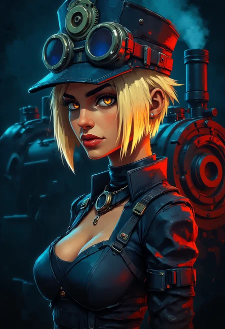 pst009, A beautiful woman is depicted in a steampunk style, wearing a hat with gears and goggles on her head. Her hair is golden-blonde and cut in a pixie style and a steam engine is visible behind her