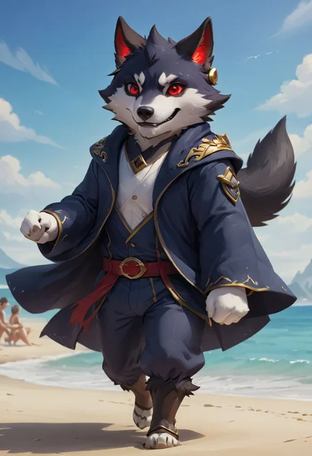 furry wolf, gray wolf, chibi, with red eyes,  beach,
pants or shorts, furry body
full-length frontal view, flight phase during running, legs above the ground, wind blowing the cloak, fast running,
Hyperrealistic art high-quality portrait flat matte drawing of a cute Nendoroid and cartoon style, anime flat style, thick drawing, medium close-up", (solo:1.2), photorealistic:1.5, 8k, texture skin, realistic skin, detailed skin, highest detailed, extreme detailed, 8k wallpaper, colorful, (dark magic), ring with the stone, (intricate details), (hyperdetailed), 8k hdr, high detailed, lot of details, high quality, soft cinematic light, atmospheric perspective (focus on), color Ink wash painting, Extremely high-resolution details, photographic, realism pushed to extreme, fine texture, incredibly lifelike, two people, two children