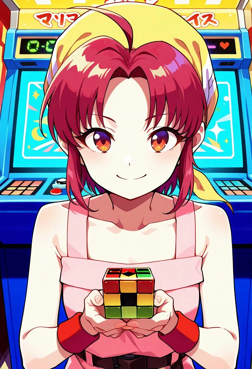 masterpiece,best quality,amazing quality,very aesthetic,absurdres,newest, huge filesize,
BREAK
1girl,
Karin_CR, ahoge, yellow bandana, bandana, red hair, short hair, parted bangs, sidelocks, short hair with long locks, bare shoulders, collarbone, dress, pink dress, belt, wristband,
smile,
BREAK
soro,
holding Rubik's Cube,
indoors, arcade, arcade machines,
close up,
looking at viewer