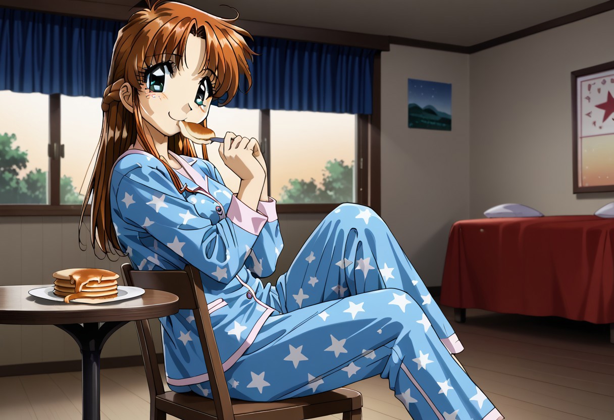 detailed background, shiny skin, rating safe, <lora:komirin.pony:1.0>, komirin, seina, solo, looking at viewer, smile, medium breasts, blue pajamas, star print, sitting, on chair, indoors, table, eating breakfast, pancakes, dining room