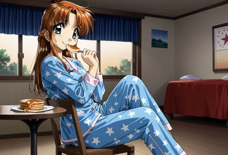 detailed background, shiny skin, rating safe, <lora:komirin.pony:1.0>, komirin, seina, solo, looking at viewer, smile, medium breasts, blue pajamas, star print, sitting, on chair, indoors, table, eating breakfast, pancakes, dining room