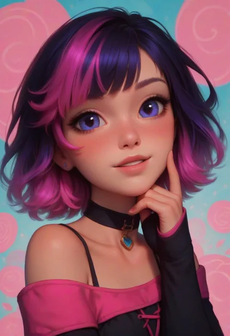 score_9, score_8_up, score_7_up, Roxy Spaulding, 1girl, 18 years old, perfect face, cute, petite, cute face, (detailed background, cozy interior background:1.5), focus on her adorable face, medium distance, multicolored hair, black hair, purple hair, pink hair, short hair, black choker, oversized top hanging off shoulder, bare shoulder, short sleeves, arm warmers, black clothes, pink clothes, 90's fashion, blush, shy smile, detailed face,