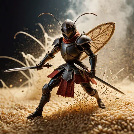 ant warrior, oversized grain of rice, Renaissance battle scene aesthetic, epic struggle, detailed ant armor, swords crafted from splinters, dramatic lighting, dust swirls, miniature battlefield
