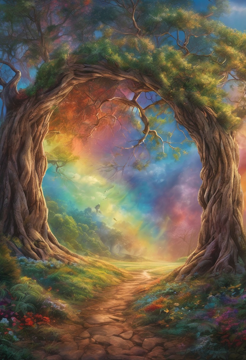 (photo realistic, hyperrealism), Imagine a scene where time has stood still beneath an ancient tree. Its leaves drift to the earth in colors of a rainbow. Magic spins through the air. Each petal and leaf emit a soft, otherworldly glow. Sunlight kisses the earth, (whitespace)