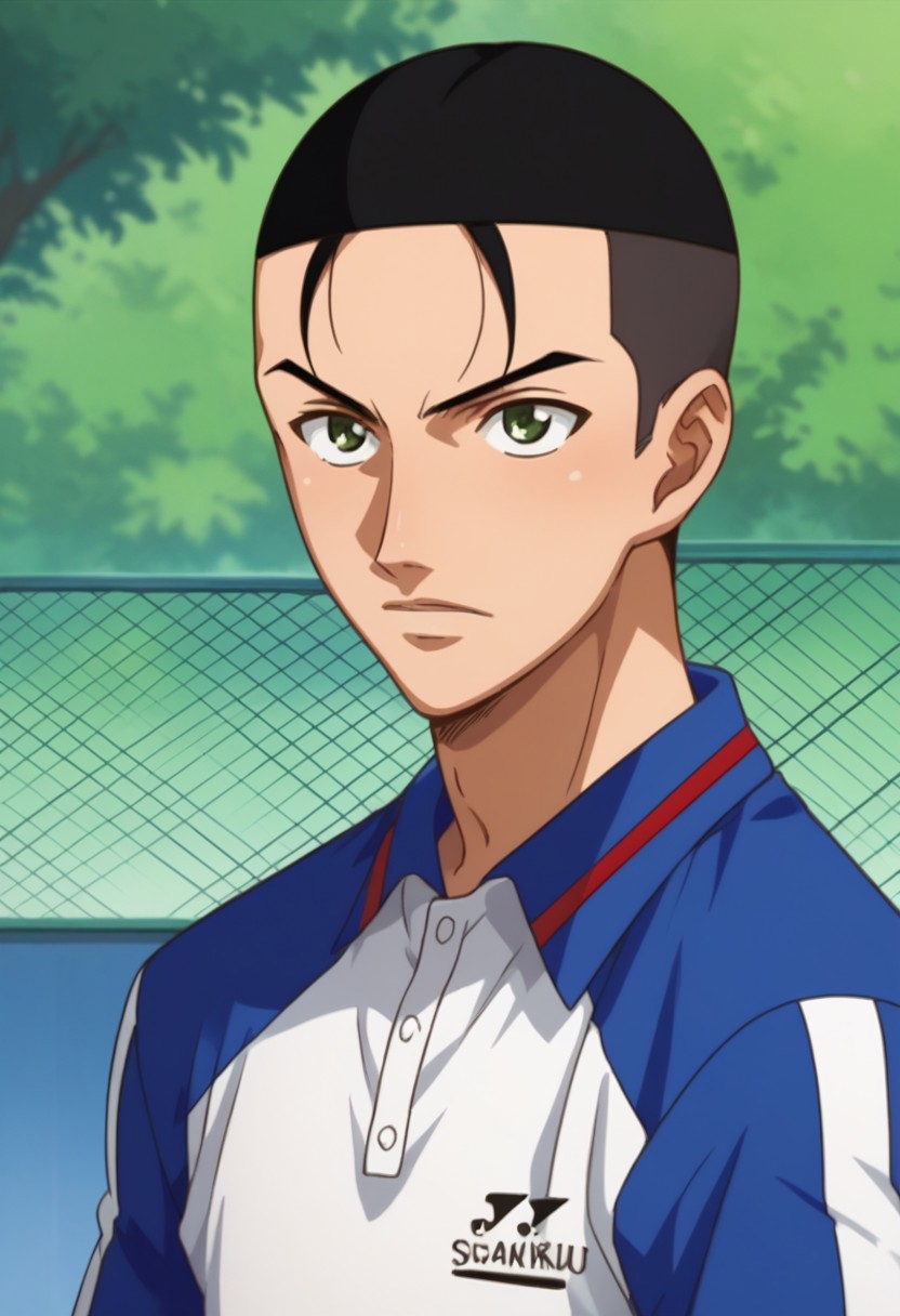 score_9, score_8_up, score_7_up, source_anime, highly detailed, 
shuichiro, 1boy, male focus, solo, black hair, very short hair, green eyes, sportwear, green eyes, tennis uniform,
polo shirt, white shirt, blue shirt,
outdoor,