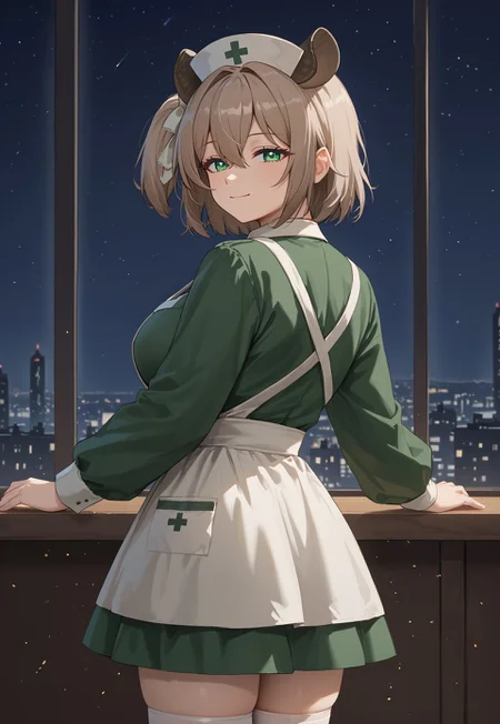 safe_pos, 1girl, solo, solo focus, highres, absurdres, NimiNightmare, nurse cap, green eyes, bangs, animal ears, brown hair, hair between eyes, short hair, one side up,
large breasts, white apron, green dress, long sleeves, collared dress, puffy sleeves, white thighhighs,
looking at viewer, closed mouth, smug, head tilt, from behind, looking back,
cityscape, neon lights, window, dark, night, night sky, light particles, backlighting,