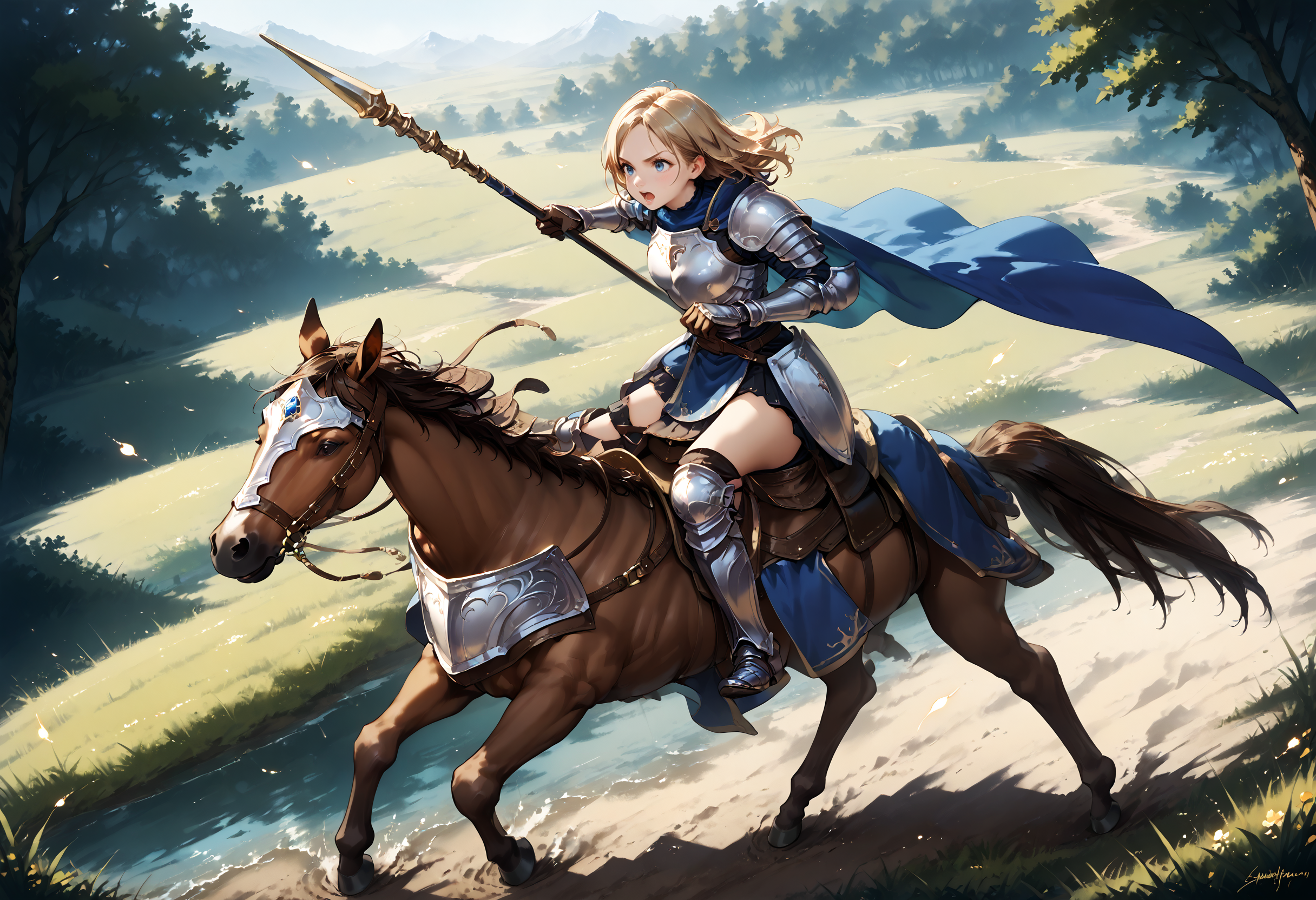 zPDXL3,extreme detailed,full_body BREAK nature,field,
<lora:Pony_DetailV2.0:1> BREAK 1girl,Cavalier,armor,cape,gloves,horse,horseback riding,(holding polearm:1.3),<lora:cavaliar-v3-pony:0.9>,fighting stance,charging forward,open mouth,