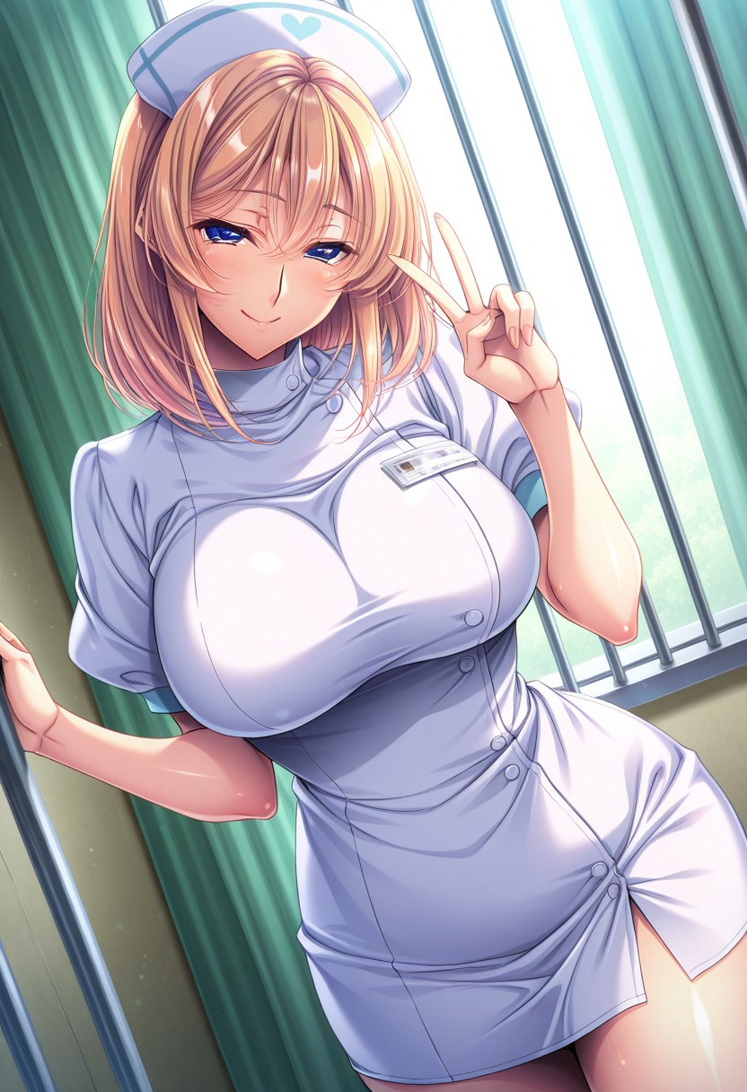 general,highres, ultra-detailed,very aesthetic,best quality ,best hands,masterpiece, best quality, newest, highres, score_9, score_8_up, score_7_up, source_anime, rating_explicit,yokota mamoru style, 1girl, ,motion lines,Very straight nose，slim,slender face,perfect nose,,looking at the viewer,torogao,seductive smile 
Kurebayashi Rion,Blonde Hair,Blue Eyes,Nurse,medium hair,shoulder length hair
short sleeves,puffy sleeves,white dress,puffy short sleeves,nurse cap,bars,,confined,v,looking at viewer,solo,dutch angle,cowboy shot，hospital，day，curtain