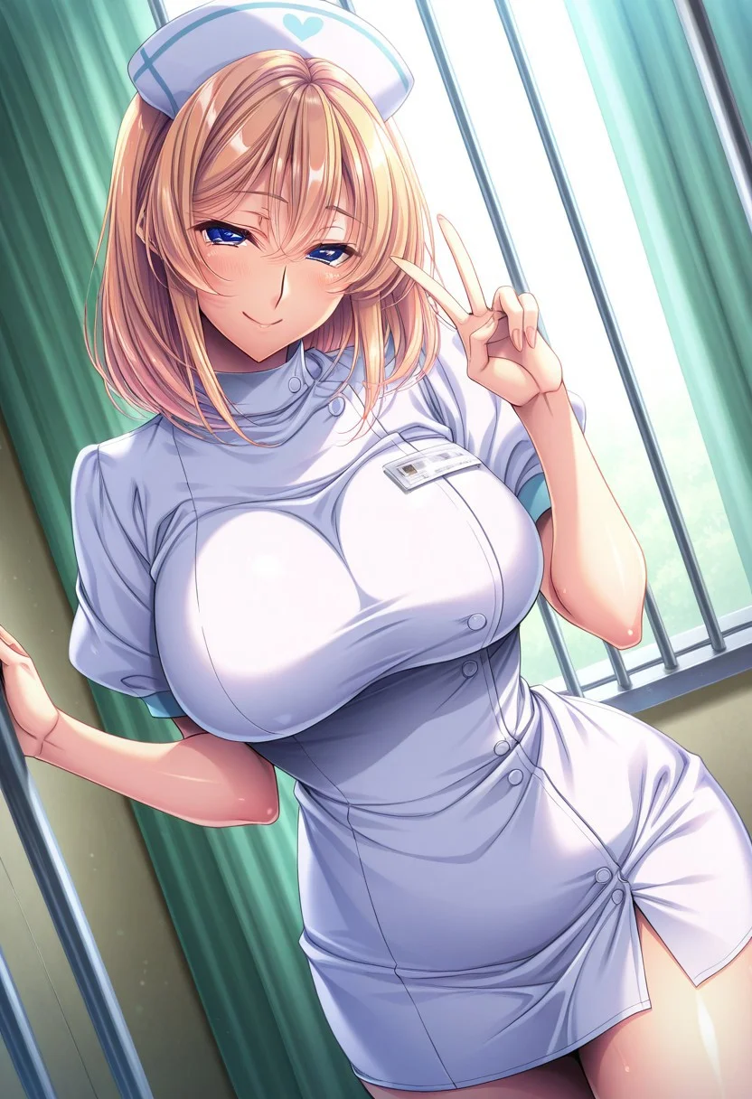 general,highres, ultra-detailed,very aesthetic,best quality ,best hands,masterpiece, best quality, newest, highres, score_9, score_8_up, score_7_up, source_anime, rating_explicit,yokota mamoru style, 1girl, ,motion lines,Very straight nose,slim,slender face,perfect nose,,looking at the viewer,torogao,seductive smile
Kurebayashi Rion,Blonde Hair,Blue Eyes,Nurse,medium hair,shoulder length hair
short sleeves,puffy sleeves,white dress,puffy short sleeves,nurse cap,bars,,confined,v,looking at viewer,solo,dutch angle,cowboy shot,hospital,day,curtain