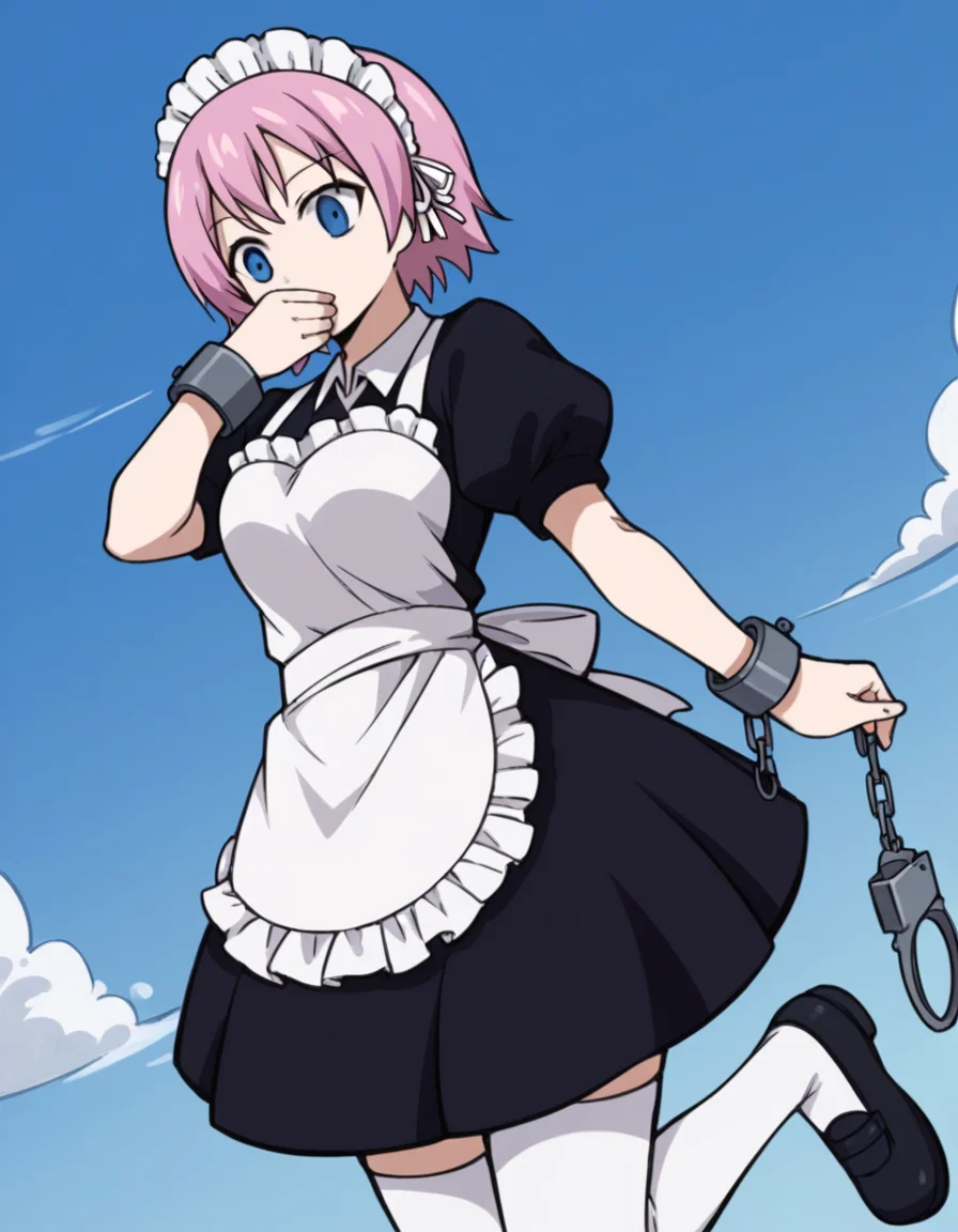 score_9, score_8_up, score_7_up, source_anime, <lora:fairytail-virgo-s7-ponyxl-lora-nochekaiser:1>,, maid virgo, short hair, bangs, blue eyes, pink hair, thighhighs, dress, short sleeves, shoes, puffy sleeves, black footwear, apron, black dress, white thighhighs, puffy short sleeves, zettai ryouiki, maid, maid headdress, white apron, maid apron, cuffs, enmaided, handcuffs,, laundry day, clothesline, drying clothes, domestic life, fresh air, blue sky, smile, , hand covering mouth, solo,, cowboy shot, dutch angle