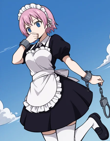 score_9, score_8_up, score_7_up, source_anime, <lora:fairytail-virgo-s7-ponyxl-lora-nochekaiser:1>,, maid virgo, short hair, bangs, blue eyes, pink hair, thighhighs, dress, short sleeves, shoes, puffy sleeves, black footwear, apron, black dress, white thighhighs, puffy short sleeves, zettai ryouiki, maid, maid headdress, white apron, maid apron, cuffs, enmaided, handcuffs,, laundry day, clothesline, drying clothes, domestic life, fresh air, blue sky, smile, , hand covering mouth, solo,, cowboy shot, dutch angle