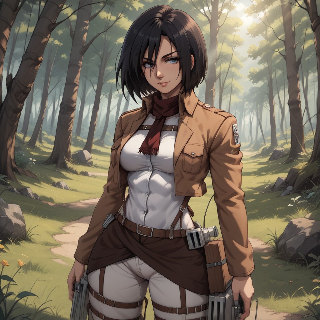 score_9, score_8, BREAK, solo, mikasa ackerman, 1girl, grey eyes, medium hair, black hair, bangs, short brown jacket, long sleeve white shirt, grey fitted pants with straps, brown thigh boots, breasts, masterpiece, shingeki no kyojin, sexy pose, self portrait, smile, outdoors, sunlight, shadows, evening lighting, natural lighting, forest, trees, grass, orange sky, sunset