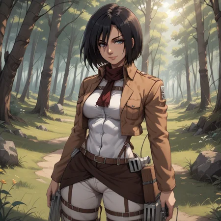 score_9, score_8, BREAK, solo, mikasa ackerman, 1girl, grey eyes, medium hair, black hair, bangs, short brown jacket, long sleeve white shirt, grey fitted pants with straps, brown thigh boots, breasts, masterpiece, shingeki no kyojin, sexy pose, self portrait, smile, outdoors, sunlight, shadows, evening lighting, natural lighting, forest, trees, grass, orange sky, sunset