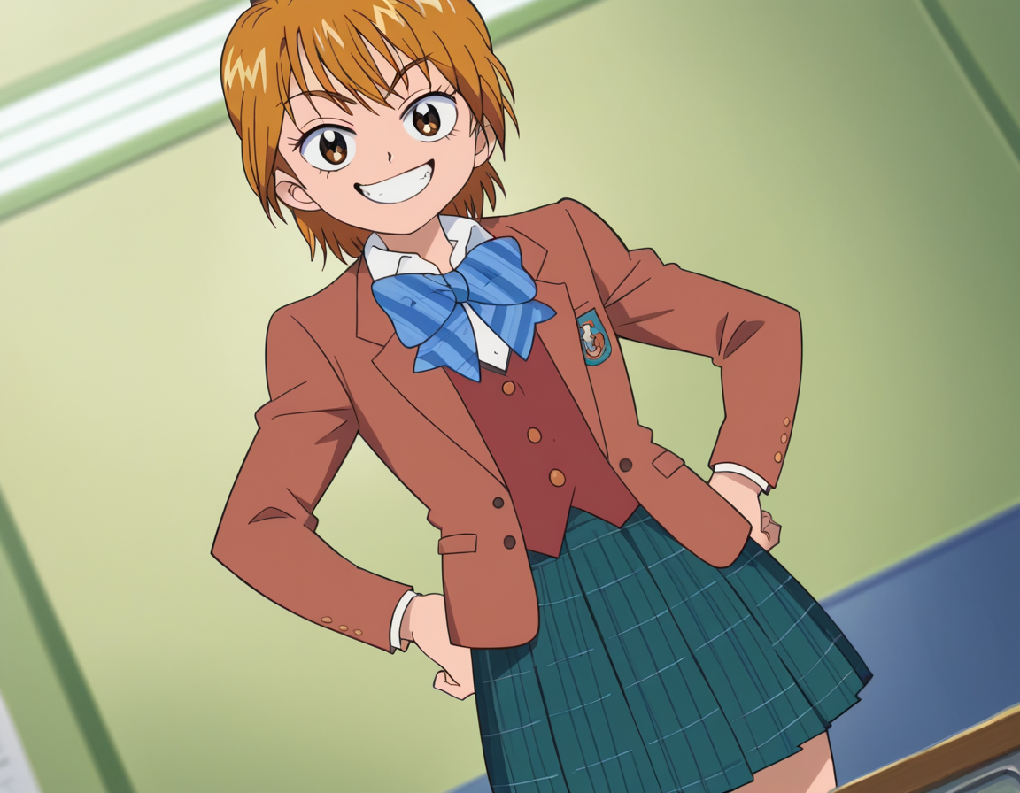 score_9, score_8_up, score_7_up, source_anime, <lora:nagisa-misumi-anime-ponyxl-lora-nochekaiser:1>, nagisa misumi, short hair, brown hair, brown eyes,, skirt, bow, school uniform, jacket, bowtie, blue bow, blazer, brown jacket, plaid, plaid skirt, green skirt, red blazer,, indoors, smug, smile, looking at viewer, solo, hands on hips,, cowboy shot, dutch angle