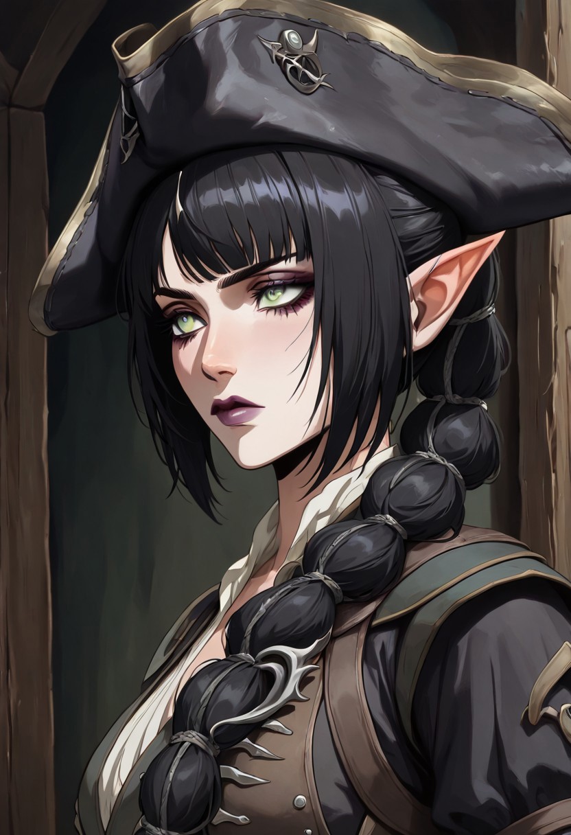 masterpiece, best quality, newest, absurdres, highres, anime, anime style, PAV1.0IL, pirate, pirate hat, 
1girl, shadowheart \(baldur's gate\), long braid, elf, pointy ears, black hair, braid, side bangs, green eyes,
