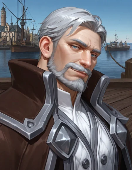 masterpiece, best quality, newest, detailed background, intricate details, male focus, realistic, solo, <lora:World of Warcraft - Genn Greymane - Illustrious-000005:0.7>, genn_g, 1boy, mature male, grey hair, very short hair, mustache, beard, blue eyes, brown overcoat, white jacket, white shirt, outdoors, kingdom, houses, trees, harbor, standing on ship, looking at viewer, smirk, head tilt, portrait, from side