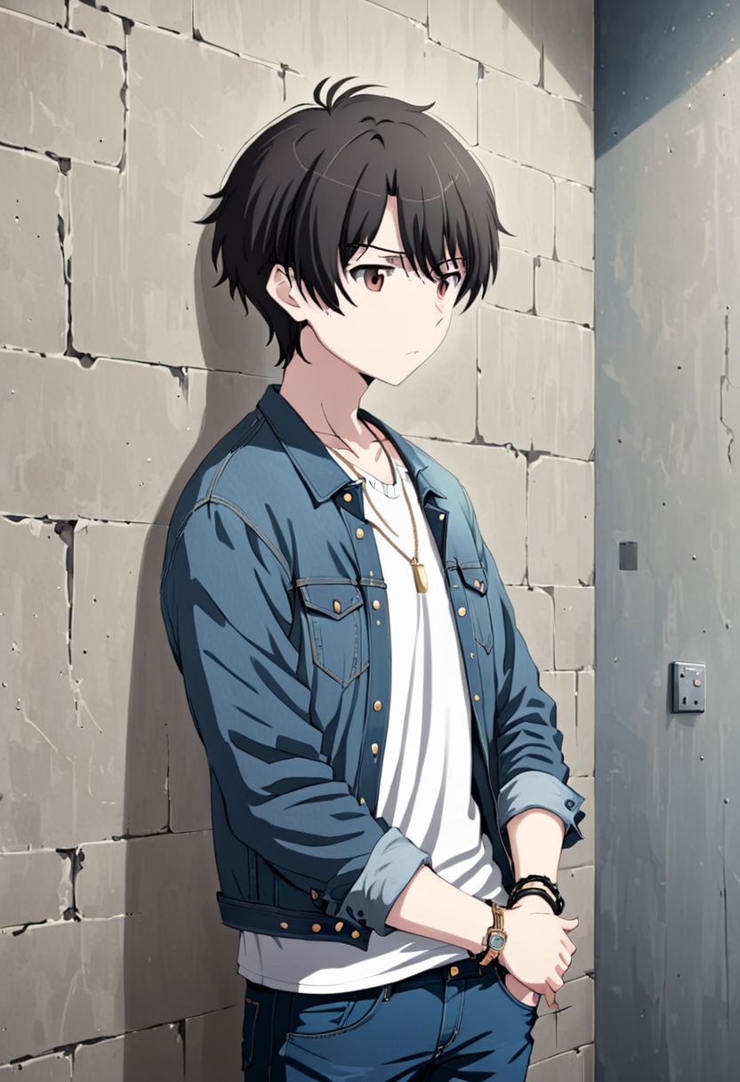 high resolution, solo, best quality, 1Boy, Inaho Kaizuka, Black hair, Brown Eyes, Jeans, denim jacket, Necklace, bracelet, watch, standing against wall, bangs, waiting, confident, annoyed, OverallDetail