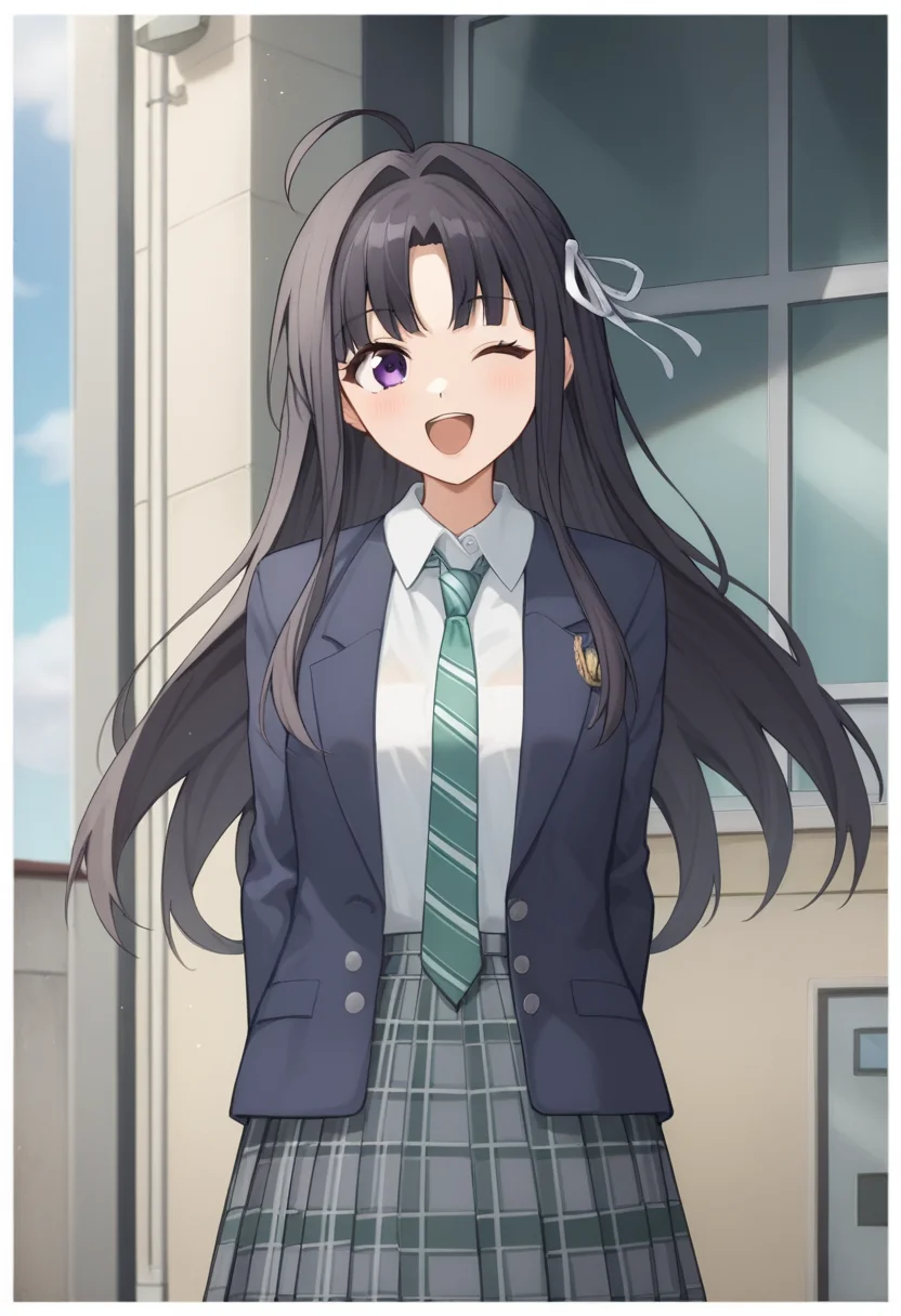 score_9,score_8_up,score_7_up,<lora:awa_subaru_pony:1>,1girl, absurdres, ahoge, awa_subaru, black_hair, blazer, blue_jacket, collared_shirt, commentary, cowboy_shot, diagonal-striped_clothes, diagonal-striped_necktie, dress_shirt, floating_hair, green_necktie, grey_skirt, hair_ribbon, highres, long_hair, long_sleeves, looking_at_viewer, one_eye_closed, open_jacket, open_mouth, outside_border, parted_bangs, plaid_skirt, pleated_skirt, purple_eyes, school_uniform, shirt_tucked_in, sidelocks, solo, white_border, white_ribbon, white_shirt
